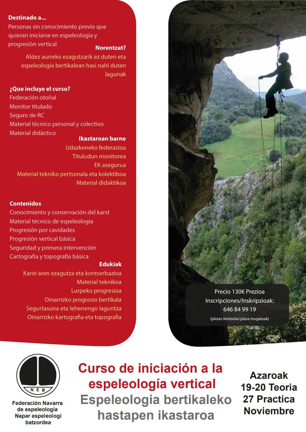 Inscripciones al Curso de iniciaci&oacute;n a la espeleolog&iacute;a vertical que se desarrollar&aacute; este mes de noviembre